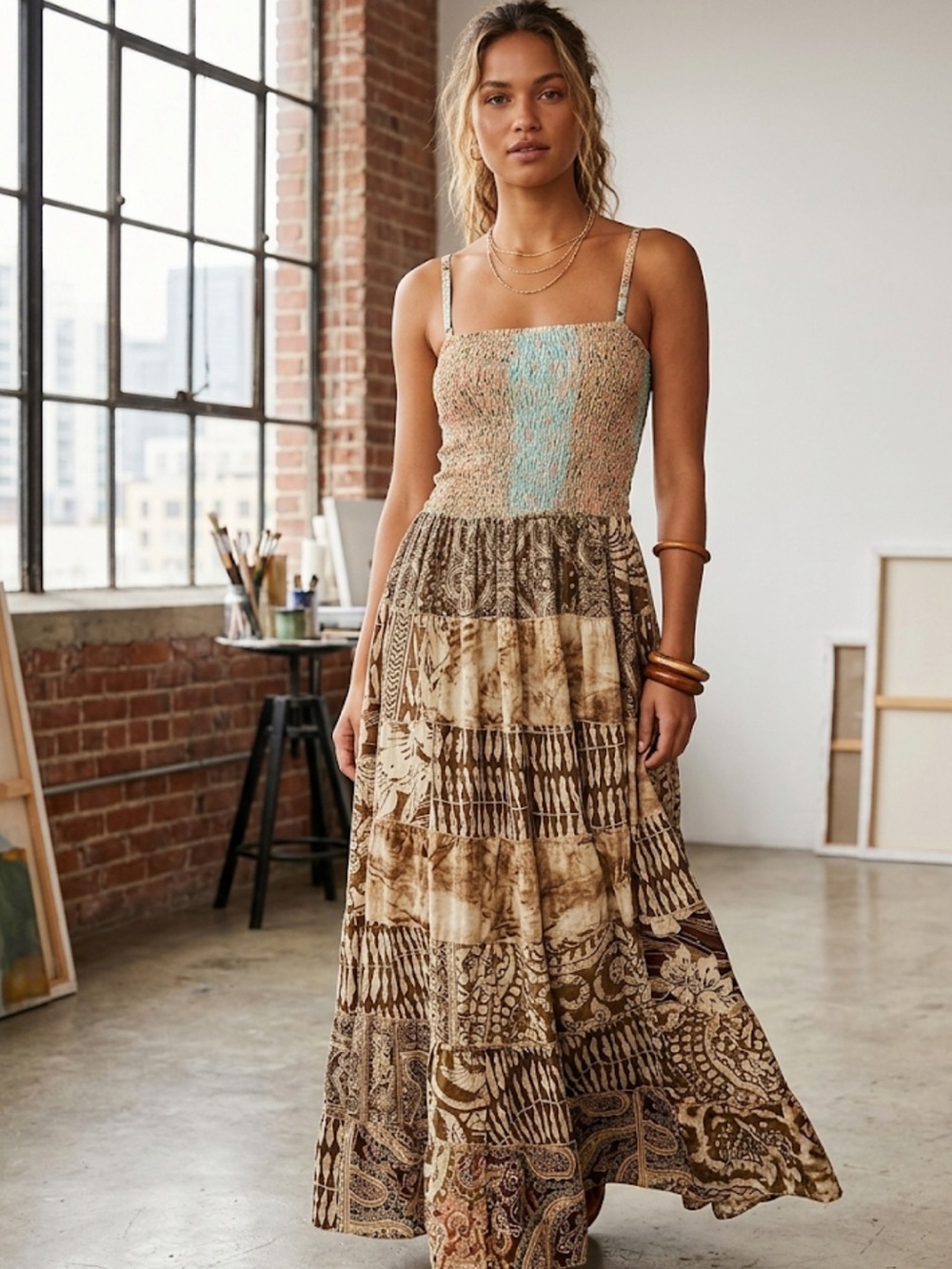 🇺🇸POL Boho Patchwork Maxi Dress in Multicolor